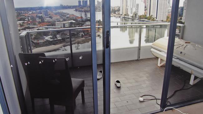 Police photograph of Gable Tostee's 14th floor Surfers Paradise apartment. Picture: AAP Image/Dan Peled/Queensland Supreme Court