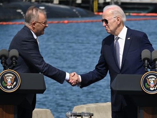 Joe Biden and Anthony Albanese during the AUKUS announcement in San Diego in March. Picture: Getty Images