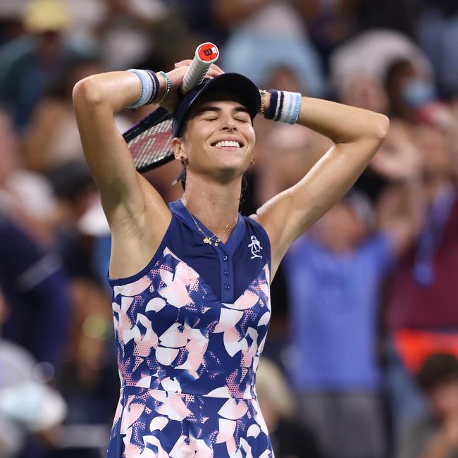 Ajla Tomljanovic celebrates match point against Ludmilla Samsonova. Picture: Julian Finney/Getty Images/AFP