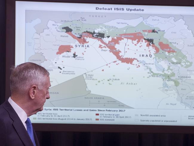 US Secretary of Defense Jim Mattis at a press briefing at the Pentagon last week shows how that territory has disintegrated. Picture: AFP/Saul Loeb