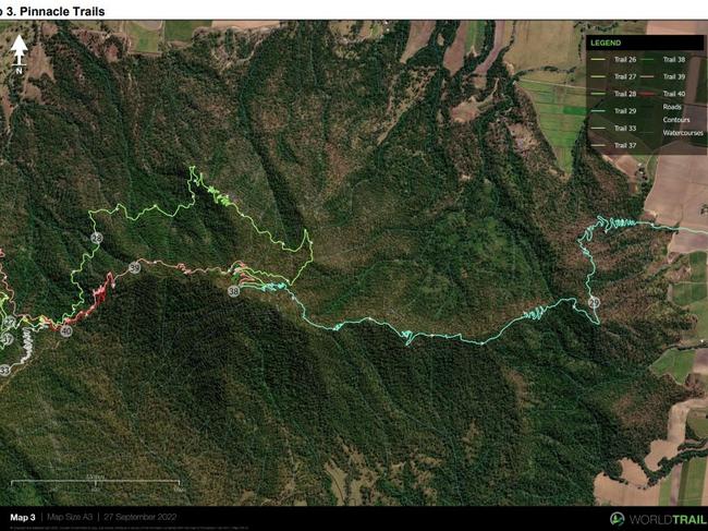 “Map 3 presents the most easterly trails in the network, which compromise of the trails on MountPinnacle,” tendering documents state. “The descending trails on Mount Pinnacle are accessed only via the climbing trail, Trail 28.Each of the trails on this map, excluding Trail 29, meet at a trail junction that sits below the saddlebetween Mount Pinnacle and Mount Fat Boy.” Picture: Mackay Regional Council