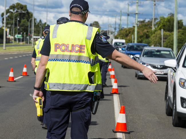 Police conduct a high visibility RBT operation on Bridge Street, west of Boundary Street, Sunday, April 18, 2021. Picture: Kevin Farmer