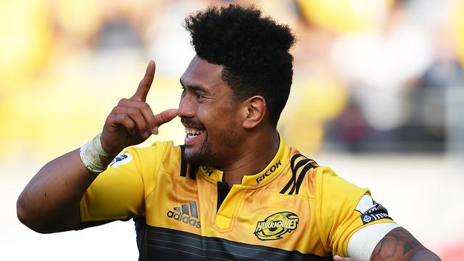 Ardie Savea celebrates his try against the Rebels in Wellington.