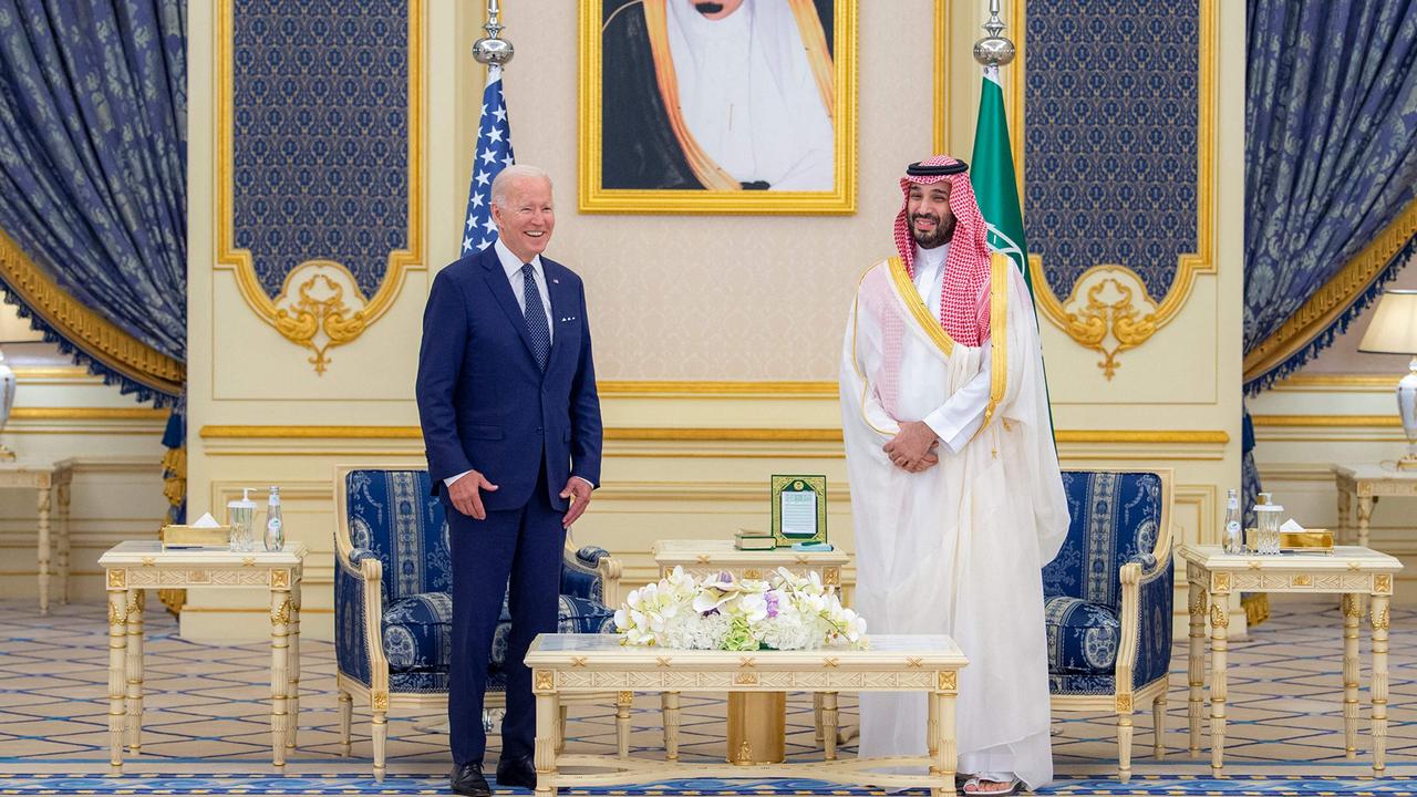 US President Joe Biden and Saudi Crown Prince Mohammed bin Salman (R) meet at Al-Salam Palace in the Red Sea port of Jeddah. Picture: Bandar Al-Jaloud.