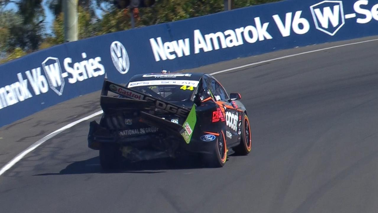 James Courtney smashed his Tickford Racing Mustang in Sunday’s Bathurst race as Shane van Gisbergen swept the weekend.