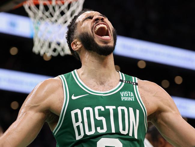 Boston’s Jayson Tatum reacts after a play during the second quarter of Game Five of the 2024 NBA Finals against the Dallas Mavericks. Picture: Elsa/ Getty Images North America.