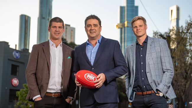 Fox Footy's Jonathan Brown, Garry Lyon and Nick Riewoldt. Picture: Jason Edwards