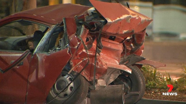 The wreckage of the car being driven by Advertiser deputy editor Ben Hyde after Luigi Gligora slammed into him at high speed on West Tce. Picture: 7NEWS