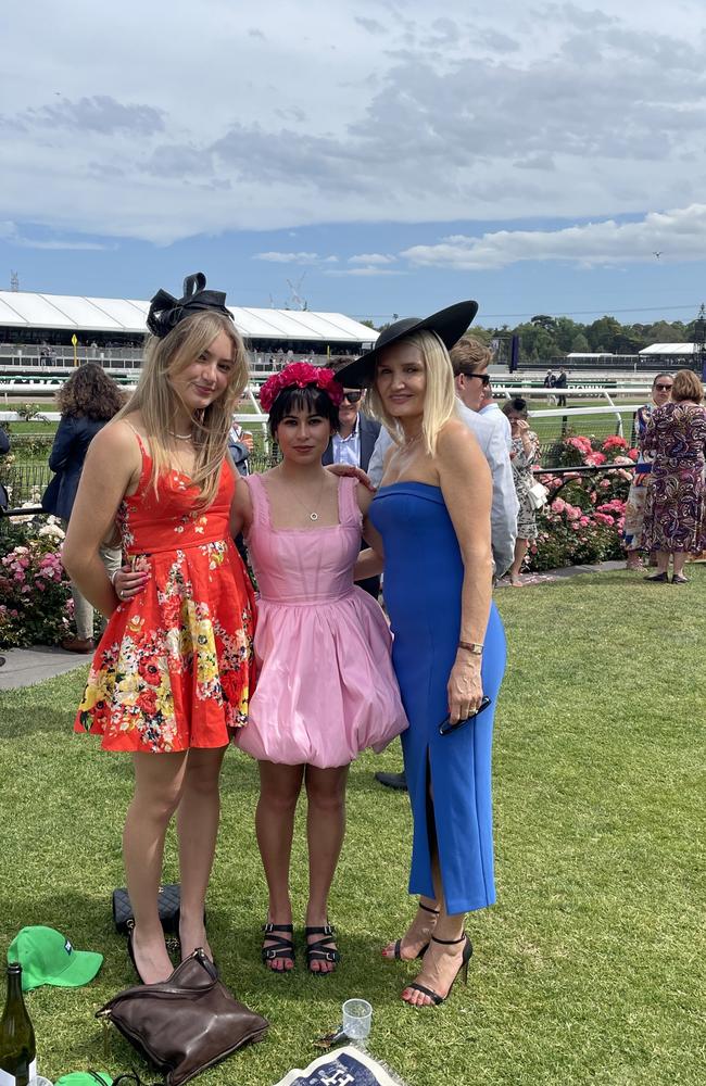 Nicola, Madeleine and Jessica at the 2024 Crown Oaks Day, held at Flemington Racecourse. Picture: Gemma Scerri