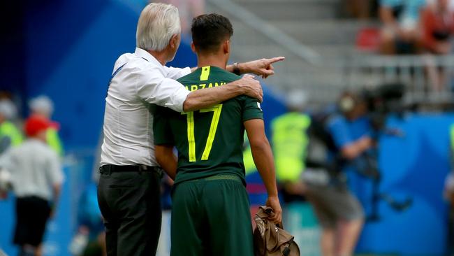 Bert van Marwijk gives Daniel Arzani instructions against Denmark. Picture: Toby Zerna