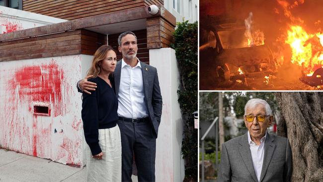 Alex Ryvchin and wife Vicki at their former home target in an anti-Semitic attack, top right; Sir Frank Lowy in Tel Aviv, bottom right.