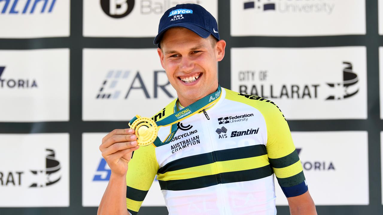 Lucas Plapp poses with his championship medal after winning the Elite Men's Individual Time Trial as part of the Australian Road National Championships. Picture: Josh Chadwick