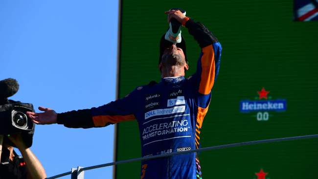 He celebrated with his trademark "shoey" on the podium. Picture: Andrea Diodato/NurPhoto via Getty Images