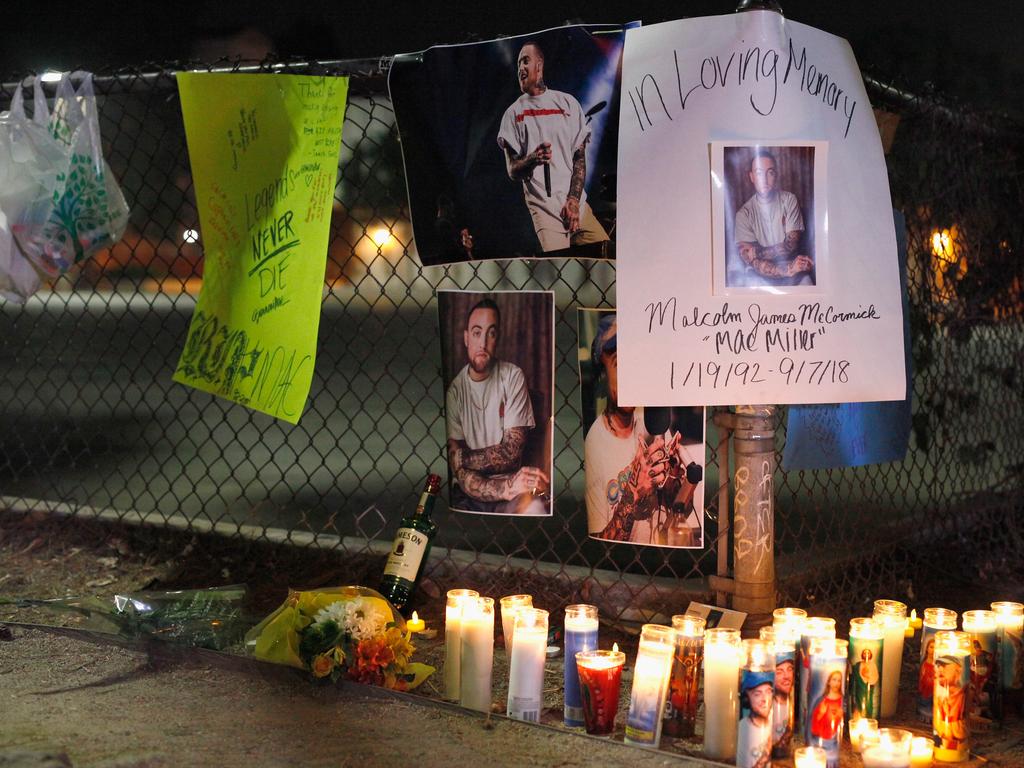 A makeshift memorial to late rapper Mac Miller in Los Angeles. Picture: Getty Images