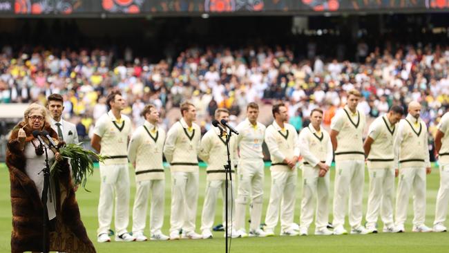 MELBOURNE, AUSTRALIA - DECEMBER 26: Aunty Joy Murphy Wandin, senior Wurundjeri elder of the Kulin Nation is seen making the Welcome to Country acknowledgement during day one of the Third Test match in the Ashes series between Australia and England at Melbourne Cricket Ground on December 26, 2021 in Melbourne, Australia. (Photo by Robert Cianflone/Getty Images)