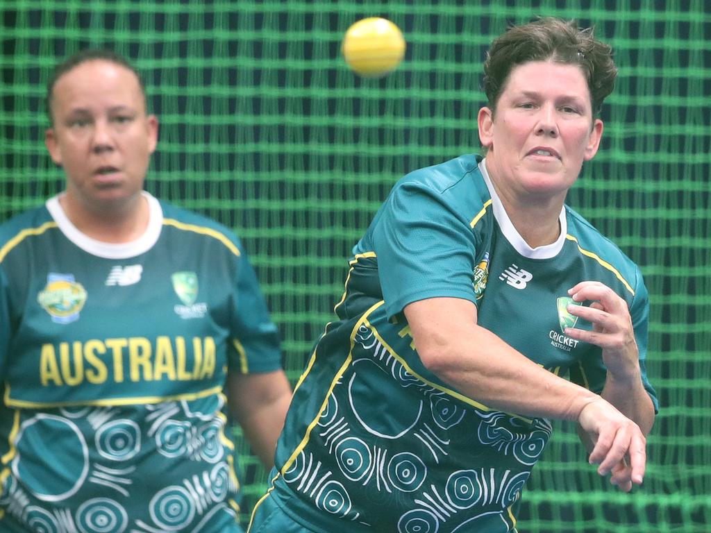 The Trans Tasman trophy for indoor cricket is being played on the Gold Coast at Ashmore. Australia v New Zealand Womens 30s . Aussie Elizabeth Hall takes a shot at the stumps. Picture Glenn Hampson