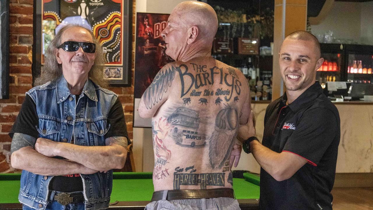 15th February, 2022: BarflyÃ&#149;s manager Mark Barton, super fan Sparky and owner Ash Coulls at the British Hotel in Port Adelaide is leading the charge to revive live music and boost pubs in the area. Picture: Kelly Barnes