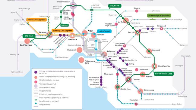 Several activity centres are proposed within 1.6km of stations along the contentious $34.5bn Suburban Rail Loop East. Source: Victorian government