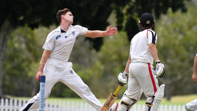 Brisbane Grammar School bowler Charlie Thomas GPS First XI cricket between Brisbane Grammar School and Terrace. Saturday February 12, 2022. Picture, John Gass