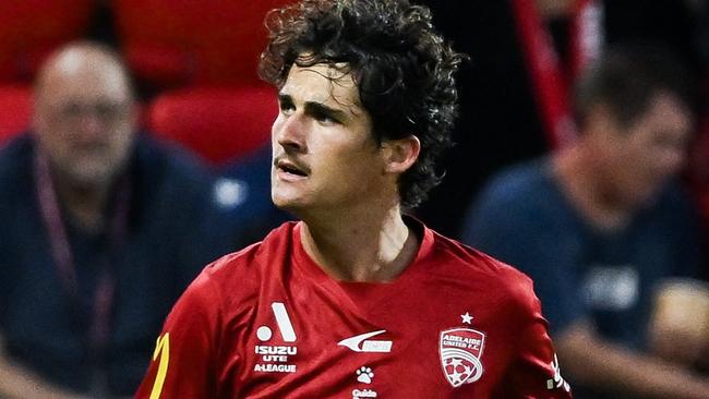 ADELAIDE, AUSTRALIA - FEBRUARY 07: Archie Goodwin of Adelaide United   celebrates after scoring his teams first goal during the round 18 A-League Men match between Adelaide United and Melbourne City at Coopers Stadium, on February 07, 2025, in Adelaide, Australia. (Photo by Mark Brake/Getty Images)