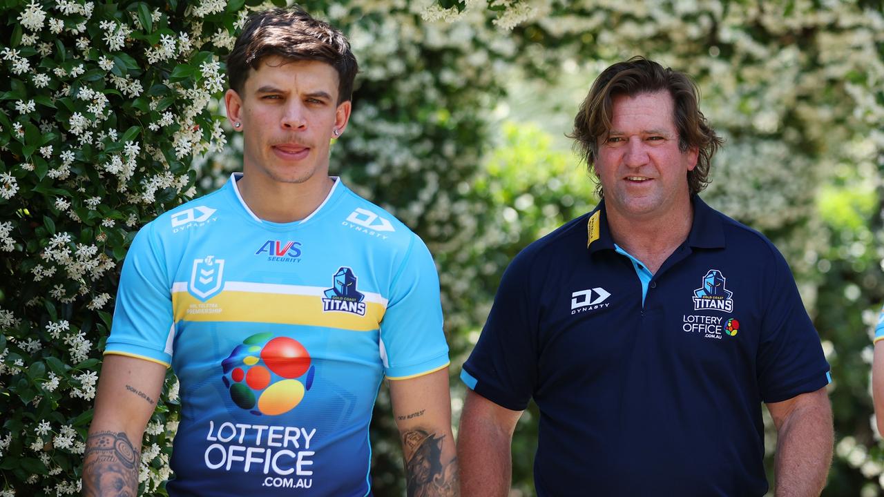 GOLD COAST, AUSTRALIA - NOVEMBER 03: Head Coach Des Hasler and players Jayden Campbell and Beau Fermor during a Gold Coast Titans Media Opportunity at The Club at Parkwood Village on November 03, 2023 in Gold Coast, Australia. (Photo by Chris Hyde/Getty Images)