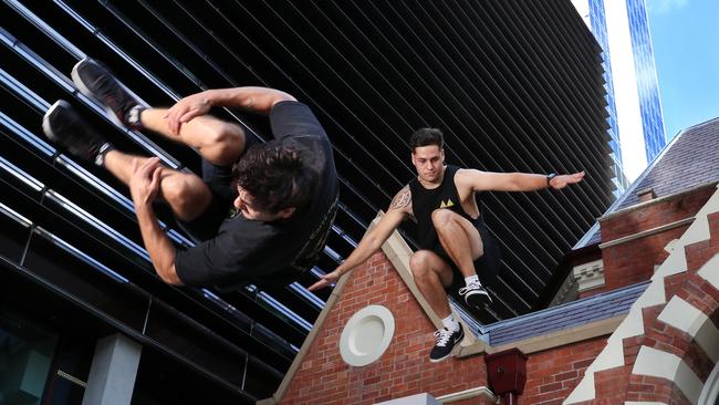 Brisbane parkour twins Brodie and Dylan Pawson, Brisbane CBD. Photographer: Liam Kidston.