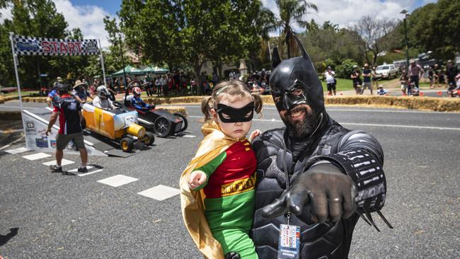 Batman and Robin aka Elsie Gale and dad Doug Gale at the Greenmount Billy Kart Challenge, Saturday, November 23, 2024. Picture: Kevin Farmer