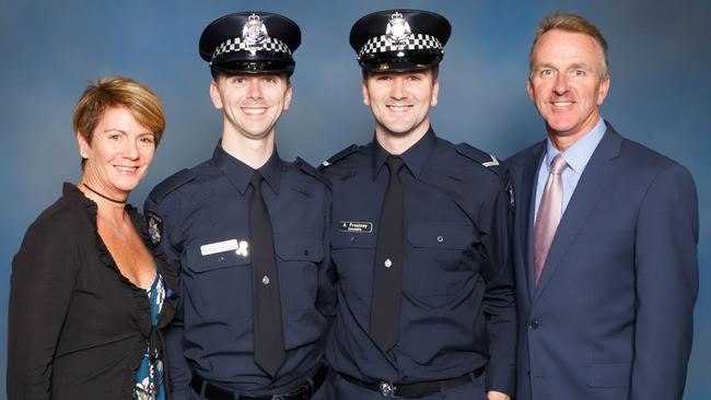 Josh (second from left) with brother Alex and parents Belinda and Andrew on his police graduation day in December 2019.