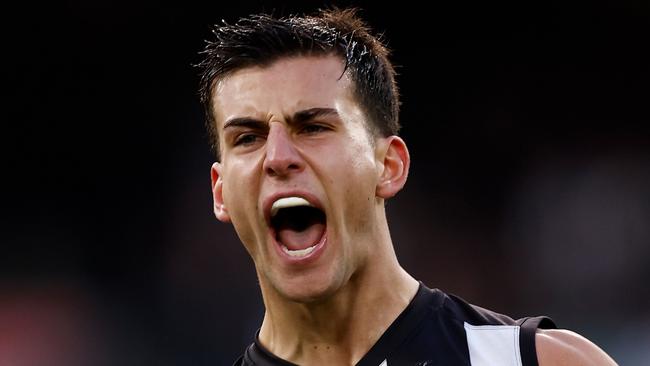 MELBOURNE, AUSTRALIA - AUG 17: Nick Daicos of the Magpies celebrates a goal during the 2024 AFL Round 23 match between the Collingwood Magpies and the Brisbane Lions at The Melbourne Cricket Ground on August 17, 2024 in Melbourne, Australia. (Photo by Michael Willson/AFL Photos via Getty Images)