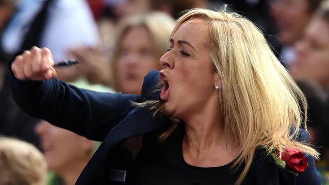 England head coach Tracey Neville reacts to her teams win against Jamaica during their preliminary round match of the Netball World Cup at Allphones Arena in Sydney on Saturday, Aug. 8, 2015. (AAP Image/Paul Miller) NO ARCHIVING, EDITORIAL USE ONLY