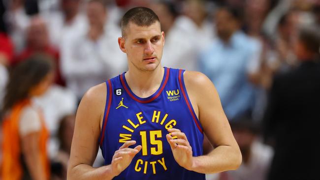 MIAMI, FLORIDA - JUNE 07: Nikola Jokic #15 of the Denver Nuggets looks on during the second quarter against the Miami Heat in Game Three of the 2023 NBA Finals at Kaseya Center on June 07, 2023 in Miami, Florida. NOTE TO USER: User expressly acknowledges and agrees that, by downloading and or using this photograph, User is consenting to the terms and conditions of the Getty Images License Agreement. (Photo by Mike Ehrmann/Getty Images)