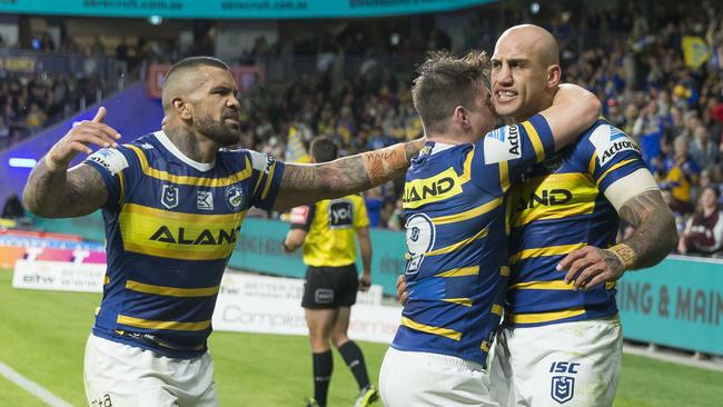 Blake Ferguson of the Eels scores during the Round 12 NRL match between the Parramatta Eels and the South Sydney Rabbitohs at Bankwest Stadium in Sydney, Friday, May 31, 2019. (AAP Image/Craig Golding) NO ARCHIVING, EDITORIAL USE ONLY