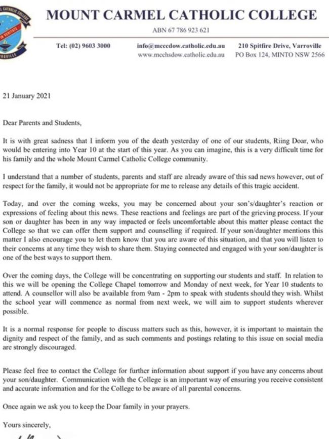 Mount Carmel Catholic College issues letter over the death of Riing Doar.