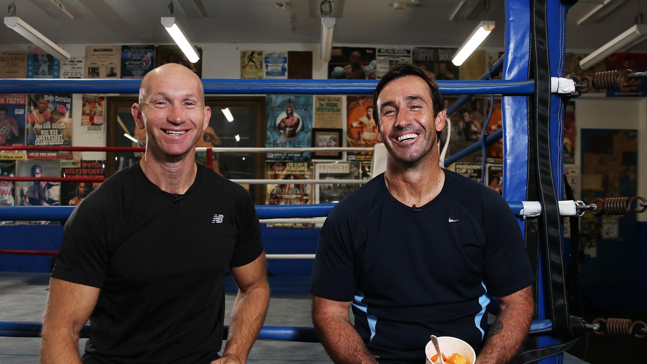 SUNDAY TELEGRAPH - MADFIT - Pictured at the PCYC in Woolloomooloo today is Adam 'Maddog' MacDougall with Andrew Johns for Madfit. Picture: Tim Hunter.