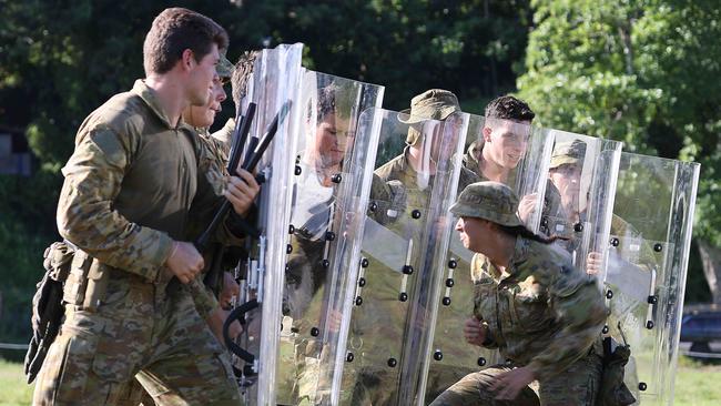 ADF personnel practise personal protection control training in preparation for more civil unrest in the Solomon Islands. Picture: Gary Ramage