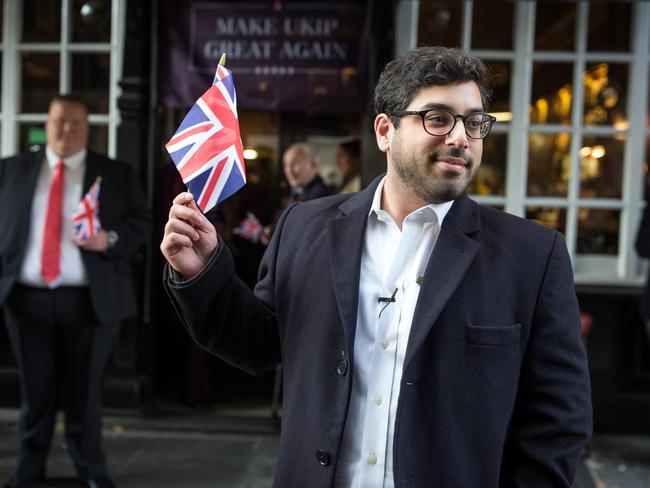 LONDON, ENGLAND - OCTOBER 28:  UKIP leadership contender Raheem Kassam poses with a Union Flag outside the Westminster Arms pub on October 28, 2016 in London, England. UKIP's biggest donor, Insurance tycoon Arron Banks has backed MR Kassam to be the next leader of the UKIP party.  (Photo by Dan Kitwood/Getty Images)