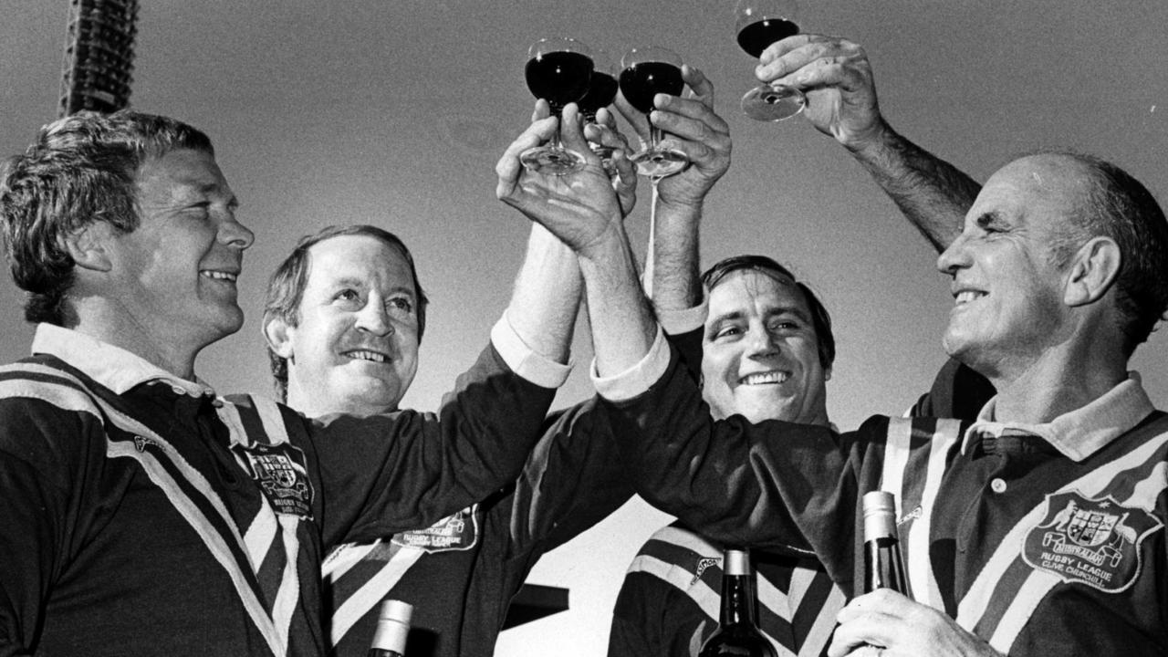 Bob Fulton, John Raper, Reg Gasnier and Clive Chirchill toast their selection as rugby leaguee Immortals in 1981. Picture: Bob Finlayson