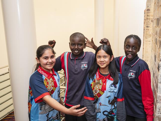 Harristown State School students (from left) Najwa Biso, Ayiik Deng, Carmel Abas and Abut Wol on day two of Sing Out 2024 at The Empire, Wednesday, June 5, 2024. Picture: Kevin Farmer