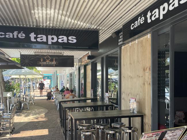 Flavours on Esplanade and Cafe Tapas windows were boarded up on Thursday morning after both cafe were broken into on Wednesday.