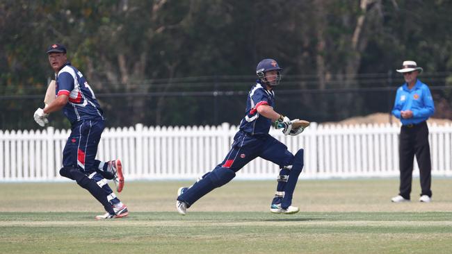 Zac Gayfer runs between wickets with Dayne Seide during Round 5 of the 2019/20 Kookaburra Cup Cricket Gold Coast first grade competition. Photograph : Jason O'Brien