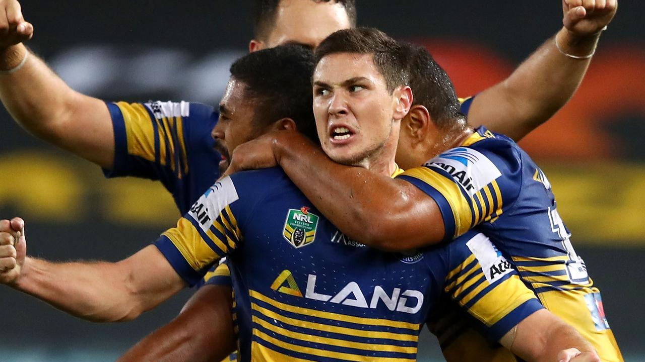 Mitchell Moses of the Eels celebrates victory.