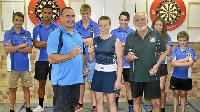 (Front, from left) Premier Darts Association of Warwick president Richard Bakon, Queensland representative boxer Britnee Wallace, darts player Keith Carmody, (back) Rose City Boxing Club members Jacob Wyllie, Breydon Gillies, Jackson McMahon, Kane Gillies, Teresa Poole and Jack Mountain. Picture: Gerard Walsh