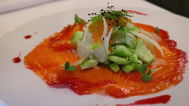 The Never Never Gin and Beetroot Cured Mount Cook Salmon. Picture: Jenifer Jagielski