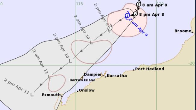 Tropical Cyclone Olga was weakening over open waters north of the Pilbara region in Western Australia. Picture: BOM