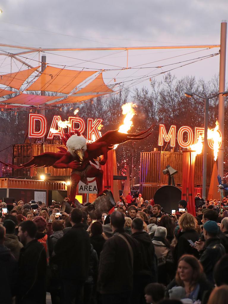 The Garuda Bird Ogoh-Ogoh paraded past the entrance to the Dark Mofo Winter Feast on it's journey to Macquarie Point Picture: LUKE BOWDEN