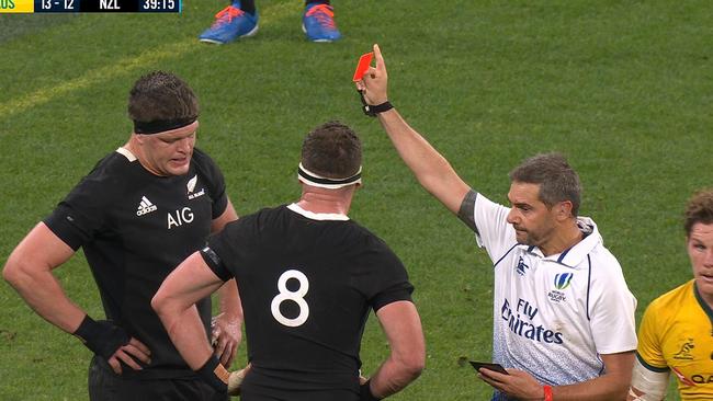 All Blacks lock Scott Barrett is shown a red card for his hit to Michael Hooper’s head. Picture: Twitter @FOXRUGBY