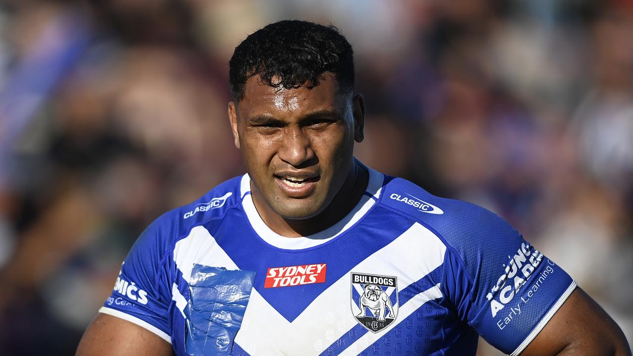 BUNDABERG, AUSTRALIA - JULY 30: Tevita Pangai Junior of the Bulldogs looks on during the round 22 NRL match between Canterbury Bulldogs and Dolphins at Salter Oval on July 30, 2023 in Bundaberg, Australia. (Photo by Ian Hitchcock/Getty Images)
