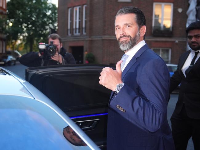 Donald Trump Jr leaves the fundraiser in London’s Chelsea. Picture: Getty Images