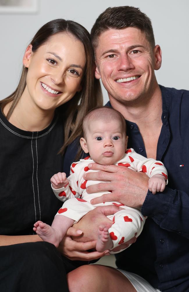 Brisbane Lions skipper Dayne Zorko with fiancee Talia De Marco and baby Giselle, eight weeks. Picture: Annette Dew