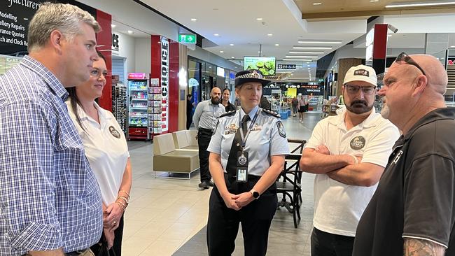 Police Minister Mark Ryan speaking with Brett Beasley from the Jack Beasley Foundation and Michael and Kerri-Lyn Bain from the Balin Stewart Foundation at Woolworths in Nerang. Picture: Keith Woods.